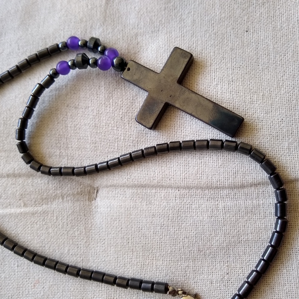 Hematite cross crucifix bead necklace men's womens